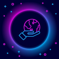 Glowing neon line Human hand holding Earth globe icon isolated on black background. Save earth concept. Colorful outline concept. Vector