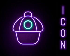 Glowing neon line Baseball cap icon isolated on black background. Sport equipment. Sports uniform. Colorful outline concept. Vector