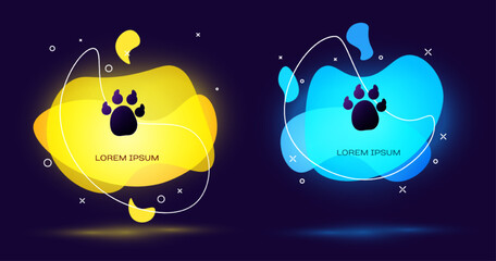 Black Paw print icon isolated on black background. Dog or cat paw print. Animal track. Abstract banner with liquid shapes. Vector