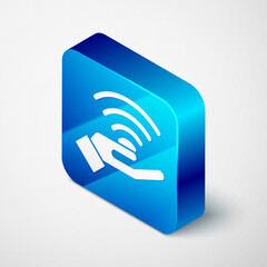 Isometric 5G new wireless internet wifi connection icon isolated on grey background. Global network high speed connection data rate technology. Blue square button. Vector