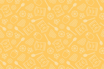 honey seamless pattern: beehive, honeycombs, dripper, jar, bee and flower- vector illustration