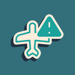 Obraz premium Green Warning aircraft icon isolated on green background. Faulty plane. Flying prohibition zone. Plane is forbidden for transportation and travelling. Long shadow style. Vector