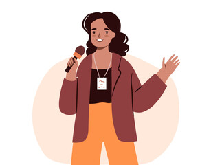 African woman with microphone broadcasting. Reporter at conference or journalist concept.