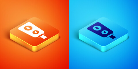 Isometric Gauge scale icon isolated on orange and blue background. Satisfaction, temperature, manometer, risk, rating, performance, speed tachometer. Vector