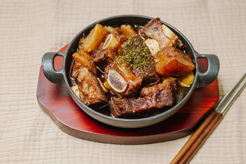 galbijjim, Korean Braised Short Ribs : Beef short ribs, trimmed of fat, seasoned in sweet soy...