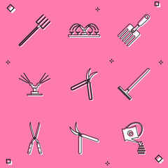 Set Garden pitchfork, Automatic irrigation sprinklers, Gardening handmade scissor, rake, and icon. Vector