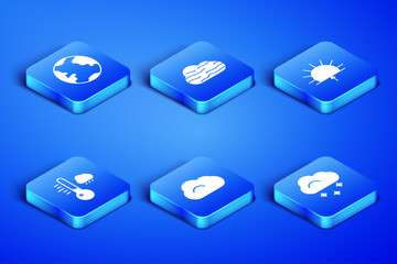 Set Cloud with snow, Earth globe, Meteorology thermometer, Fog and cloud and Sunrise icon. Vector