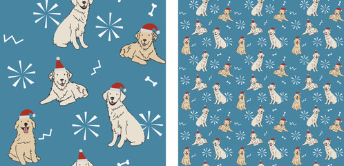 Seamless Golden retriever dog pattern, holiday texture. Square format, t-shirt, poster, packaging, textile, socks, textile, fabric, decoration, wrapping paper. Trendy hand-drawn dogs wallpaper.