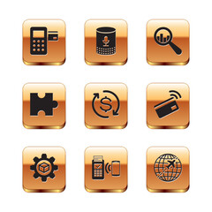 Set Pos terminal, Product development, POS, Return of investment, Piece puzzle and Magnifying glass and analysis icon. Vector