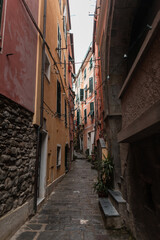 Beautiful narrow street in the old European town of Vernazza, Italy