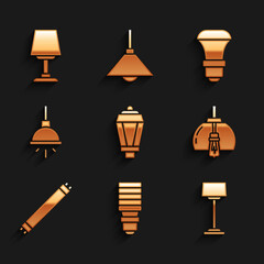 Set Garden light lamp, LED bulb, Floor, Chandelier, Fluorescent, and Table icon. Vector