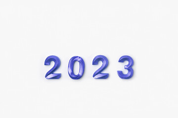 2023 Purple Numbers on White Table. Modern New Year Background. Creative Greeting Card. Flat Lay, Top View, Copy Space. Banner Design. Minimal Festive Mock Up with Numbers. Time to Celebrate Holiday