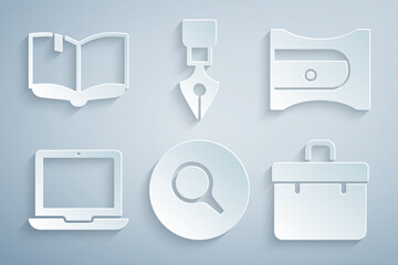 Set Magnifying glass, Pencil sharpener, Laptop, Briefcase, Fountain nib and Open book icon. Vector
