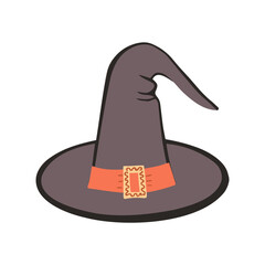 Witch pointed hat with buckle and wide brim. Vector Illustration for backgrounds and packaging. Image can be used for greeting cards, posters, stickers and textile. Isolated on white background.