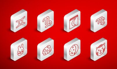 Set line Tiger zodiac, Capricorn, Moon phases calendar, Virgo, Eclipse of the sun, Gemini, Asteroid and Rabbit icon. Vector