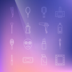 Set line Makeup mirror with lights, Syringe, Bottle of shampoo, Hairbrush, Nail polish bottle, Curling iron and dryer icon. Vector