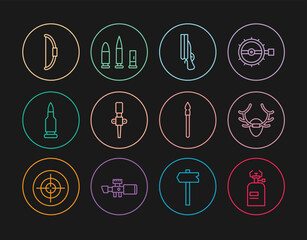 Set line Camping gas stove, Deer antlers on shield, Shotgun, Torch flame, Bullet, Bow, Medieval spear and and cartridge icon. Vector