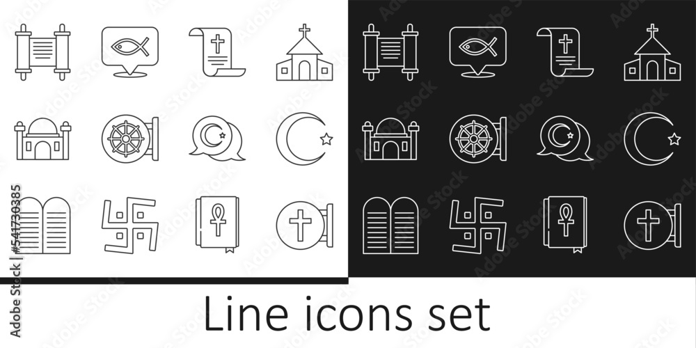 Poster set line christian cross, star and crescent, decree, paper, parchment, scroll, dharma wheel, muslim 