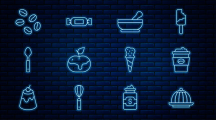 Set line Pudding custard, Coffee cup to go, Mortar and pestle, Apple caramel, Spoon, beans, Ice cream waffle cone and Candy icon. Vector