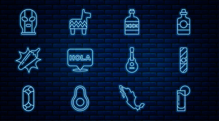 Set line Tequila glass with lemon, Cigar, bottle, Hola, Hot chili pepper pod, Mexican wrestler, guitar and Pinata icon. Vector © vector_v