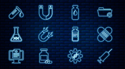 Set line Syringe, Crossed bandage plaster, Medical vial, ampoule, Magnet with lightning, DNA research, search, Test tube drop of blood, and icon. Vector