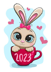 New Year's hare rabbit in a red cup happy new year 2023