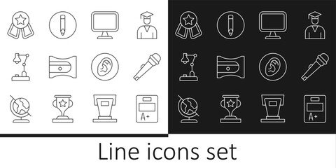 Set line Exam sheet with A plus grade, Microphone, Computer monitor, Pencil sharpener, Table lamp, Medal star, Ear listen sound signal and icon. Vector
