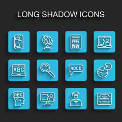 Set line Learning foreign languages, Foreign online study, New chat messages notification, Graduate and graduation cap, Certificate template, Magnifying glass, and Alphabet icon. Vector