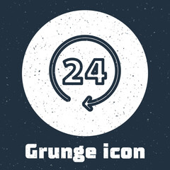 Fototapeta premium Grunge line Clock 24 hours icon isolated on grey background. All day cyclic icon. 24 hours service symbol. Monochrome vintage drawing. Vector