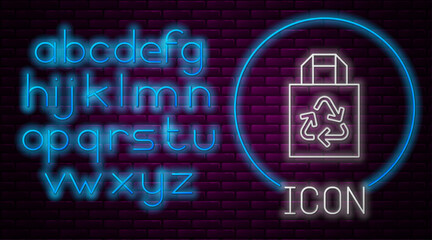 Glowing neon line Paper shopping bag with recycle icon isolated on brick wall background. Bag with recycling symbol. Neon light alphabet. Vector