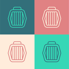 Pop art line Pet carry case icon isolated on color background. Carrier for animals, dog and cat. Container for animals. Animal transport box. Vector