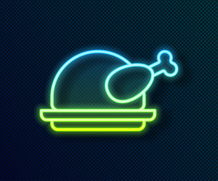 Glowing neon line Roasted turkey or chicken icon isolated on black background. Vector