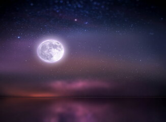 Fototapeta na wymiar night starry sky and moon at sea lilac blue nebula cosmic milky way Aurora seascape