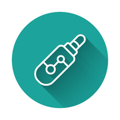 White line Electronic cigarette icon isolated with long shadow background. Vape smoking tool. Vaporizer Device. Green circle button. Vector