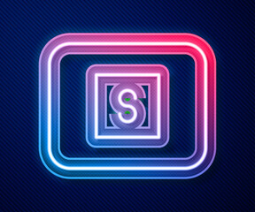Glowing neon line Stop media button icon isolated on blue background. Vector