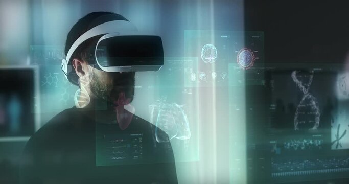 Virtual or Augmented Reality Concept: Caucasian Businessman Using futuristic glasses. Medical animations appearing: MRI, DNA, Brain, Heart and Cell Animations.