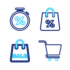 Set line Shopping cart, bag with Sale, percent and Stopwatch and icon. Vector