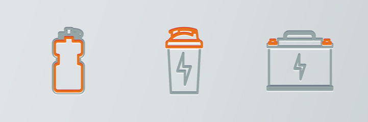 Set line Car battery, Sport bottle with water and Fitness shaker icon. Vector