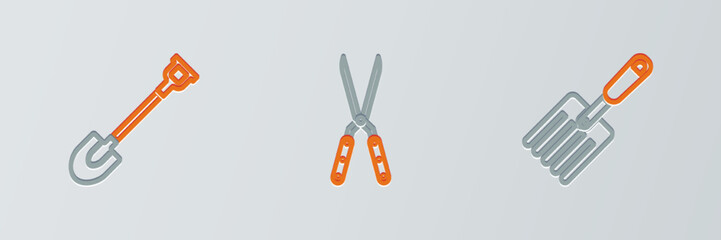 Set line Garden fork, shovel and Gardening handmade scissor icon. Vector