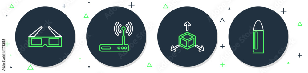 Poster set line router and wi-fi, isometric cube, 3d cinema glasses and key icon. vector