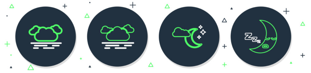 Set line Cloud, with moon and stars, and Moon icon icon. Vector