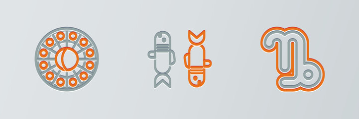 Set line Capricorn zodiac, Astrology horoscope circle and Pisces icon. Vector