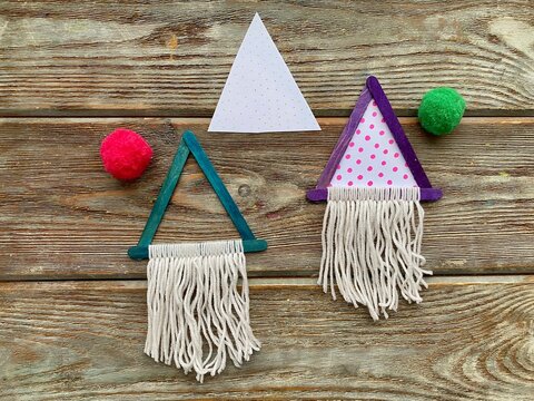 collage, how to make a gnome out of ice cream sticks, paper and yarn, kid craft