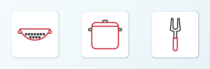 Set line Barbecue fork, Kitchen colander and Cooking pot icon. Vector