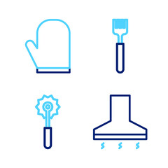 Set line Kitchen extractor fan, Pizza knife, Fork and Oven glove icon. Vector