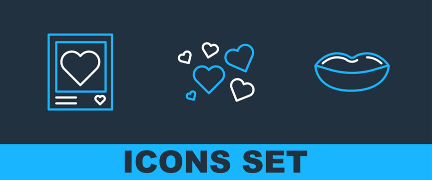 Set line Smiling lips, Photo frames and hearts and Heart icon. Vector