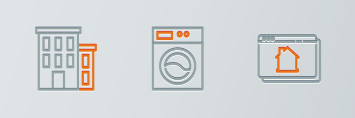 Set line Online real estate house, House and Washer icon. Vector