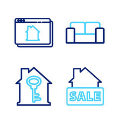 Set line Hanging sign with Sale, House key, Sofa and Online real estate house icon. Vector