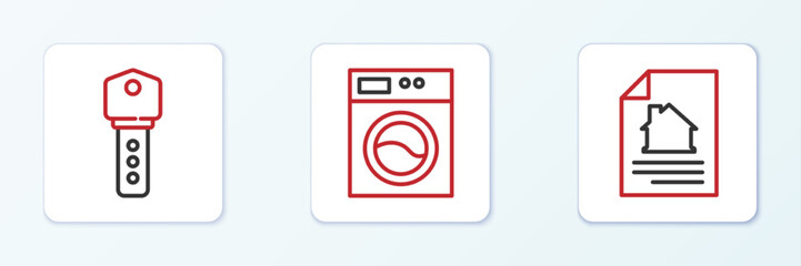 Set line House contract, key and Washer icon. Vector