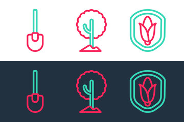 Set line Shield corn, Shovel and Tree icon. Vector